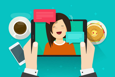 视频聊天或呼叫矢量插图, 平板卡通人使用平板电脑聊天或在线与女孩或