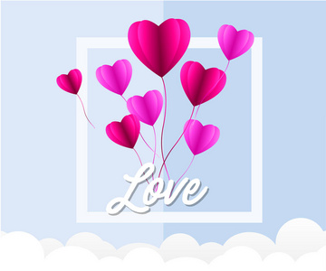 爱心请柬情人节摘要背景与文本爱情和青春快乐, 云, 剪纸粉红色的心。矢量