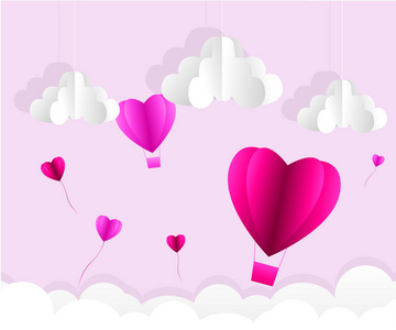 情人节, 爱的例证, 热气球在天空中的心形飞翔, 纸艺
