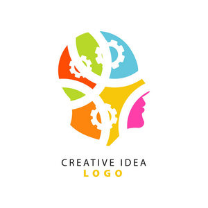 抽象人头和齿轮显示思维过程, 创意 logo 模板.创新机制的概念.