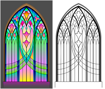 彩色黑白图案的哥特式彩色玻璃窗。 儿童和成人工作表。 矢量图像。