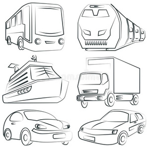 素描车,卡车组,运输手绘交通工具代步的.公交车素描乡村景观素描.
