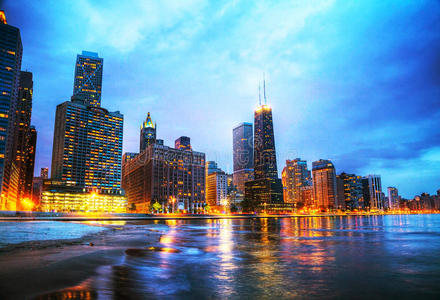 日落时分，伊利诺伊州芝加哥市中心