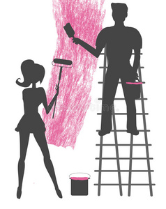 两个人在画一堵空墙的剪影照片