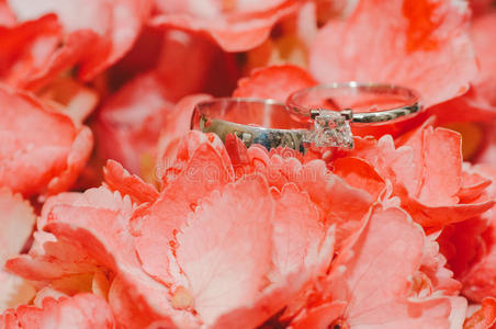 粉红色叶子上的结婚戒指