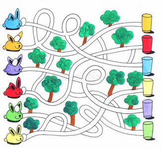 鸡蛋和兔子复活节迷宫儿童游戏或活动页面:兔子和鸡蛋照片
