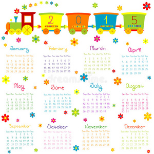 2015年日历，玩具火车和鲜花