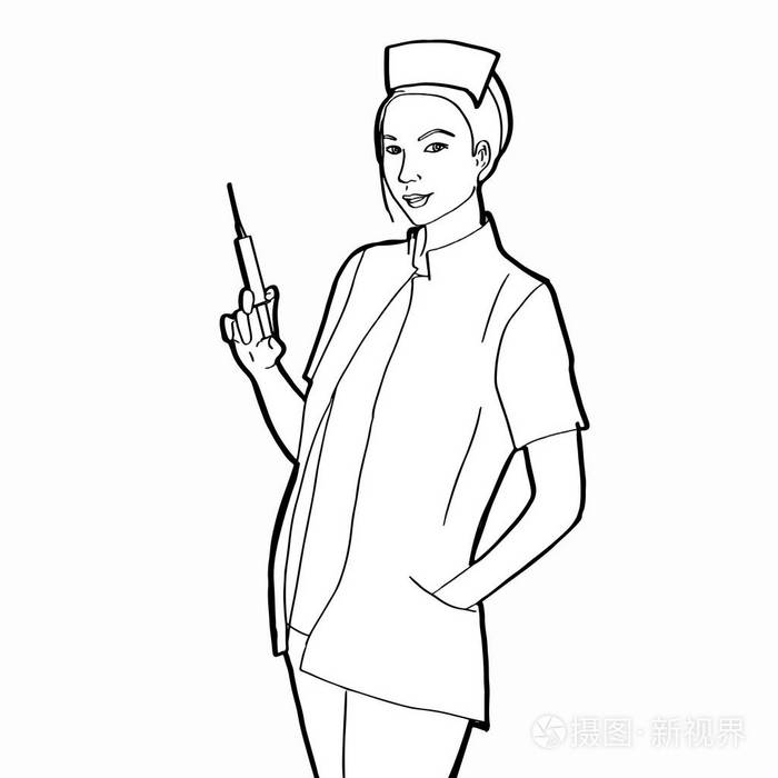 站立女医生白色蓝色圆圈背景着色