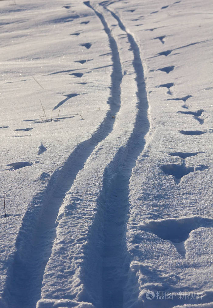 滑雪痕迹在雪地越野滑雪道雪冬的背景下.