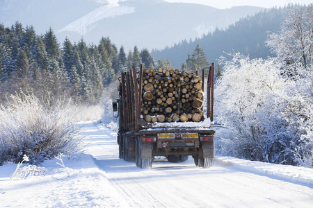 一条积雪覆盖的山路上的木材卡车