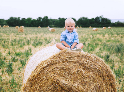 在麦田里坐在干草的可爱的蹒跚学步的男孩