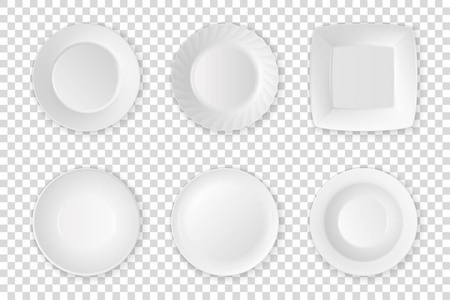 现实的矢量白色食物空白板图标设置特写孤立在透明网格背景。厨房用具用具为吃。设计模板, 模拟图形, 打印等。顶部视图