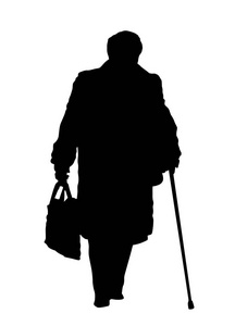 老年妇女的轮廓在白色背景上用拐杖行走，矢量插图