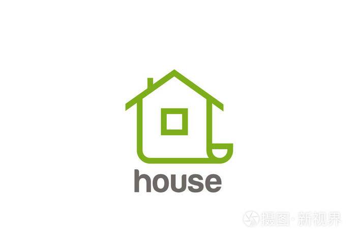 绿色生态屋标志抽象设计矢量模板线性风格. 房地产公司商标概念图标