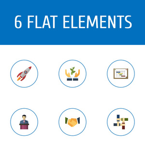 图标平面风格的领导者, 发射, 计划和其他矢量元素。一组启动图标平面风格的符号也包括支持, 火箭, 图形对象