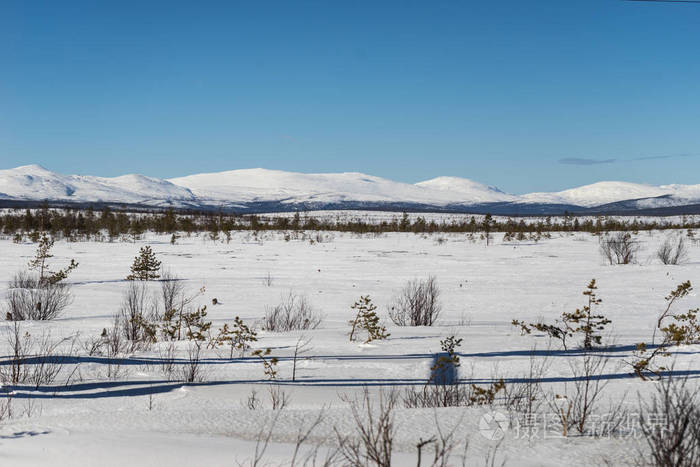 snowcapped山脉背景下覆盖着积雪的田野