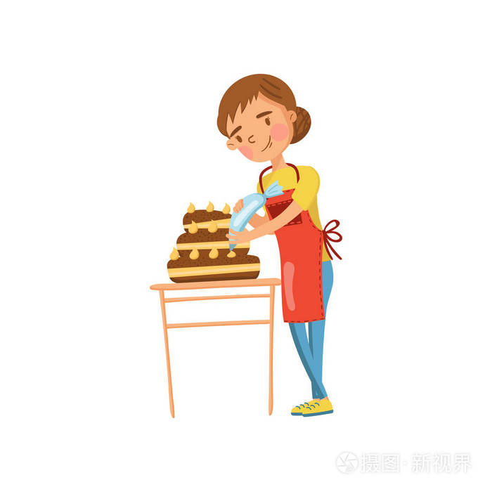 少妇在休闲衣物和围裙做蛋糕, 主妇在家务活动卡通矢量插画