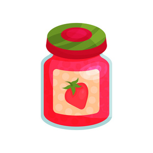 草莓果酱在玻璃罐子与盖子, 自制果子果酱罐子卡通矢量例证照片