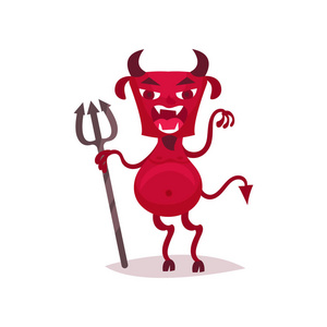 愤怒的魔鬼与三叉戟, 红色恶魔卡通人物矢量插图照片