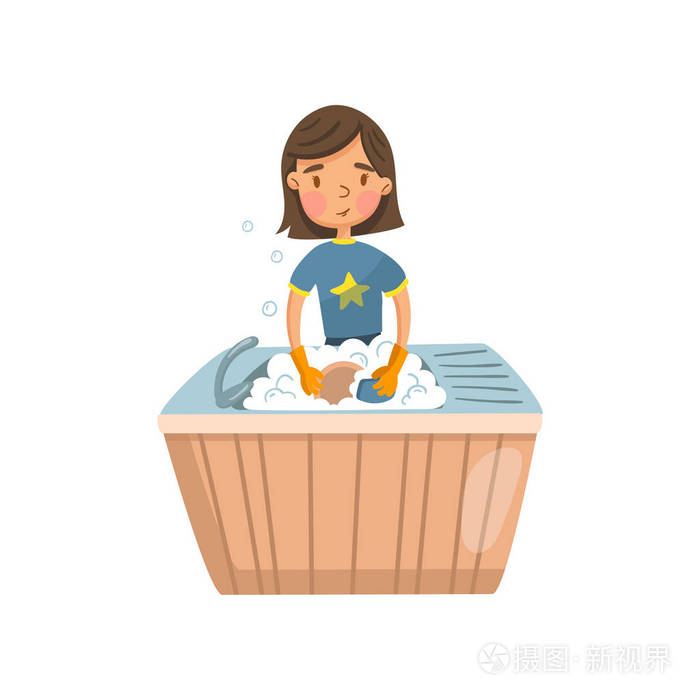 年轻的黑发妇女在休闲衣物洗盘子在厨房, 主妇在家务活动卡通矢量插图