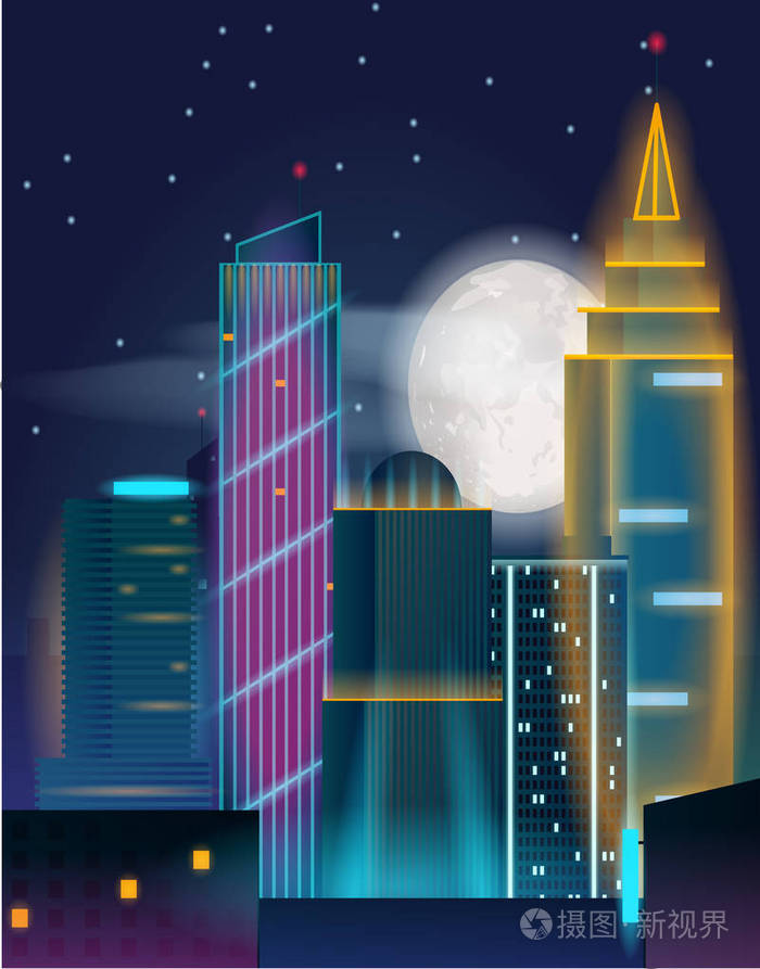 夜城市风景与大厦在霓虹灯.夜城市摩天大楼