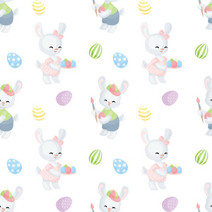 复活节无缝图案与可爱的兔子和彩绘鸡蛋的形象。 矢量背景。