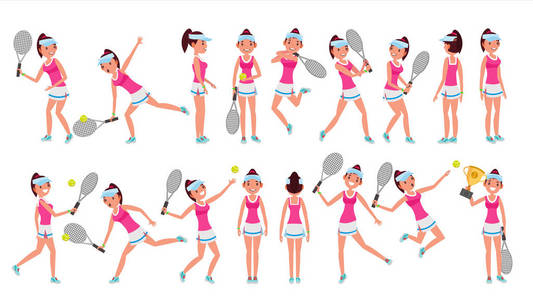 女子网球运动员矢量。玩球。不同的姿势。在行动。平面卡通插图