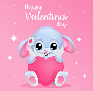 可爱的卡片为情人节与兔子和壁炉。矢量插图。粉红色渐变背景