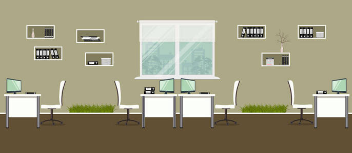 现代办公室，白色家具和装饰草。 图片中的窗户背景上有书桌椅子架子和文件。 矢量图。