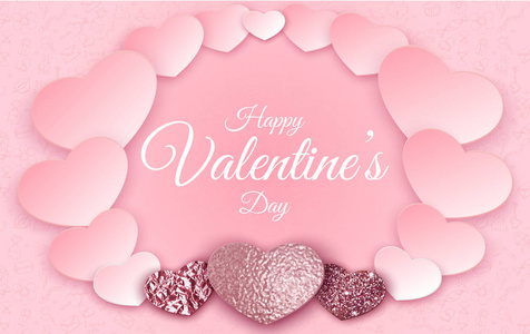 纸艺情人节贺卡,时尚风格的浪漫背景,心形剪影,花岗岩,金色玫瑰闪光