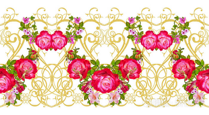 无缝花卉图案。横向边界。金色闪亮的卷曲卷发，阿拉伯，由精致的粉彩玫瑰，浆果和树枝组成。