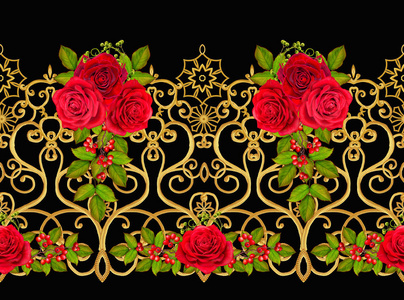 图案，无缝，花境..花的花环。美丽的鲜红玫瑰，花蕾，绿叶，粗布，帆布..金色的卷发，闪亮的巫术编织。老式的旧背景。