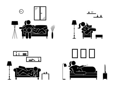 棍子图形休息在家里的位置设置。 坐着躺着看电视睡觉喝酒图标放松姿势沙发和扶手椅。 家具象形图