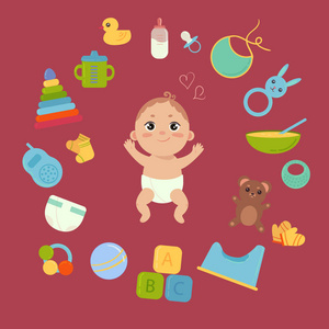 可爱的婴儿尿布与新生儿必需品