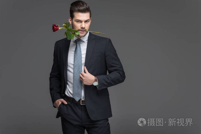 穿着西装的英俊男人嘴里叼着红玫瑰嘴里隔着灰色