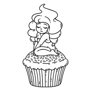 纸杯蛋糕奶油仙女。 纸杯蛋糕上的可爱女孩。 白色背景上的孤立物体。 矢量图。 着色轮廓。