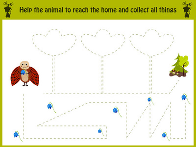 教育的卡通插图。匹配游戏的学龄前儿童跟踪瓢虫在森林里的路径和收集所有的花朵。教育和游戏。学习手写。矢量