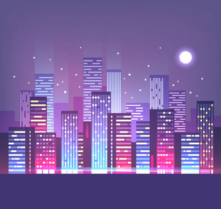 夜间城市天际线与霓虹灯。 现代城市。 矢量图。