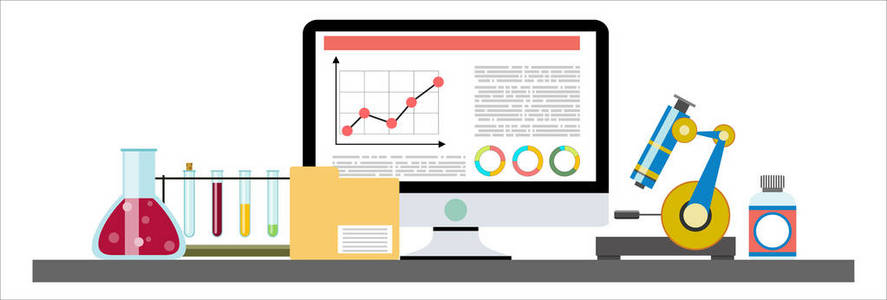 化学实验室科学和技术。 科学家工作场所的概念。 科学教育化学实验实验室理念。 平面设计中的凸度