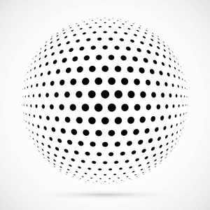 白色3d 矢量半色调球面。虚线球形背景。带有阴影的徽标模板。在白色背景上隔离的点