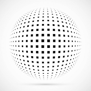 白色3d 矢量半色调球面。虚线球形背景。带有阴影的徽标模板。在白色背景上隔离的点