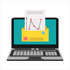 屏幕上有信封和文件的笔记本电脑。 电子邮件营销互联网广告概念。 平面设计图