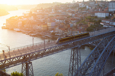 seye view of Dom Luis I bridge, Douro river and Ribeira in Port