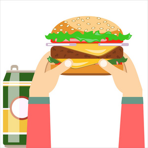 汉堡手里拿着孤立的。 插图平面风格设计。 吃快餐的概念。