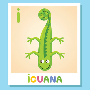 我是为鬣蜥。字母 i. 鬣蜥, 可爱的插图。动物字母表