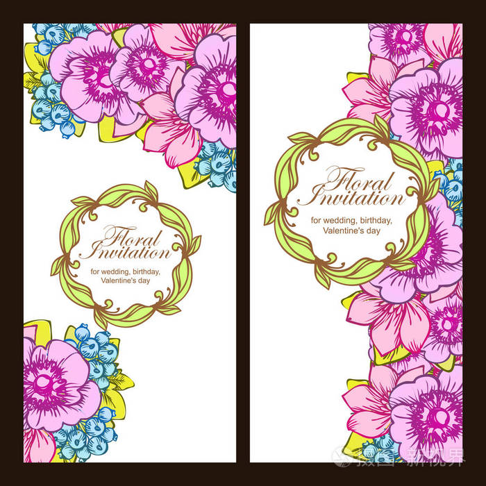 复古风格的鲜花婚礼卡套。 色彩中的花卉元素