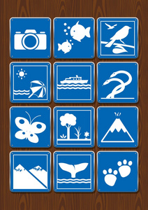 设置摄影水族馆观鸟海滩通航河流蛇形馆蝴蝶花园森林火山观鲸动物园的图标。木制背景上蓝色图标。矢量图像