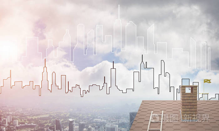 砖房屋顶与现代城市景观背景,房地产与建筑的概念