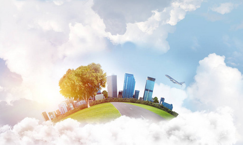 现代城市景观，建筑物和摩天大楼漂浮在天空中
