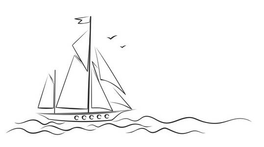 一艘帆船在海里和鸟一起写生.照片